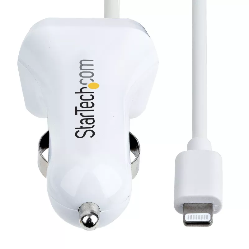 StarTech.com Caricabatterie da auto Lightning con cavo a spirale, cavo a spirale Lightning da 1 m, 12 W, bianco, adattatore caricabatterie da auto USB a 2 porte per telefoni e tablet, caricabatterie da auto iPhone dual-USB
