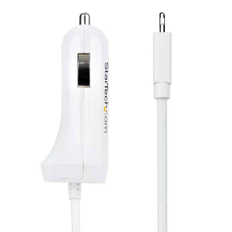 StarTech.com Caricabatterie da auto Lightning con cavo a spirale, cavo a spirale Lightning da 1 m, 12 W, bianco, adattatore caricabatterie da auto USB a 2 porte per telefoni e tablet, caricabatterie da auto iPhone dual-USB