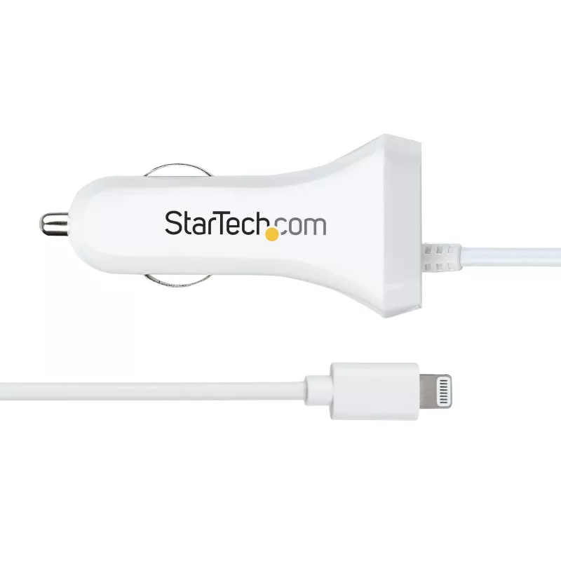 StarTech.com Caricabatterie da auto Lightning con cavo a spirale, cavo a spirale Lightning da 1 m, 12 W, bianco, adattatore caricabatterie da auto USB a 2 porte per telefoni e tablet, caricabatterie da auto iPhone dual-USB