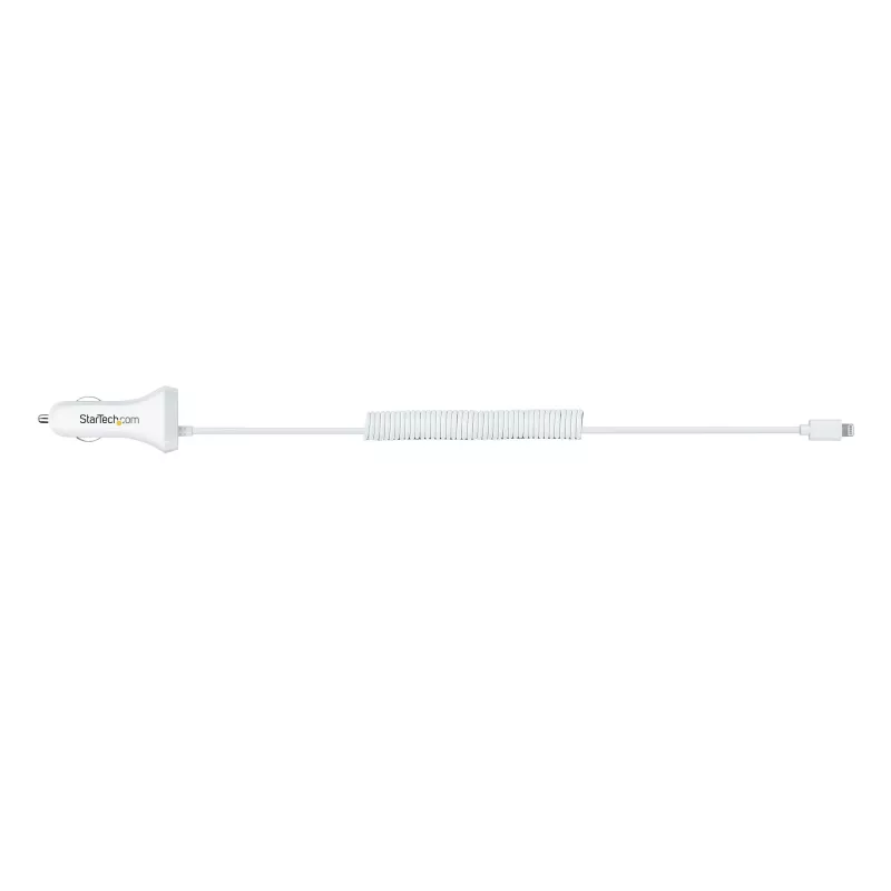 StarTech.com Caricabatterie da auto Lightning con cavo a spirale, cavo a spirale Lightning da 1 m, 12 W, bianco, adattatore caricabatterie da auto USB a 2 porte per telefoni e tablet, caricabatterie da auto iPhone dual-USB