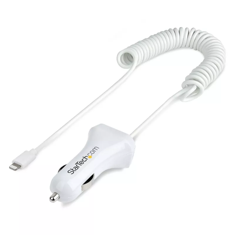 StarTech.com Caricabatterie da auto Lightning con cavo a spirale, cavo a spirale Lightning da 1 m, 12 W, bianco, adattatore caricabatterie da auto USB a 2 porte per telefoni e tablet, caricabatterie da auto iPhone dual-USB