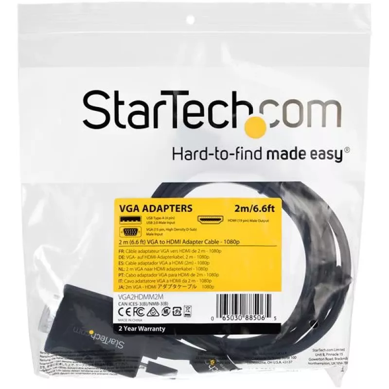 StarTech.com Cavo convertitore VGA a HDMI da 2 m con supporto audio USB e alimentazione – Cavo adattatore video analogico-digitale per collegare un PC VGA a uno schermo HDMI – Cavo monitor maschio-maschio 1080p