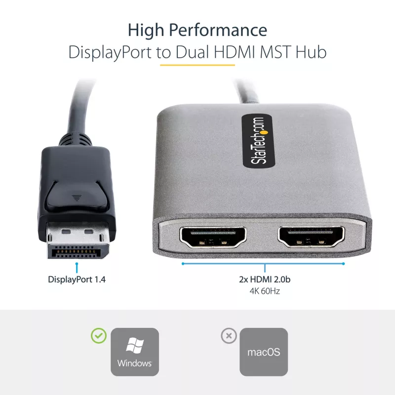 StarTech.com Hub MST DP a doppio HDMI - Doppio HDMI 4K 60Hz - Adattatore multi-monitor DisplayPort con cavo da 30 cm - Hub Multi Stream Transport DP 1.4, DSC | HBR3 - Splitter DP a HDMI