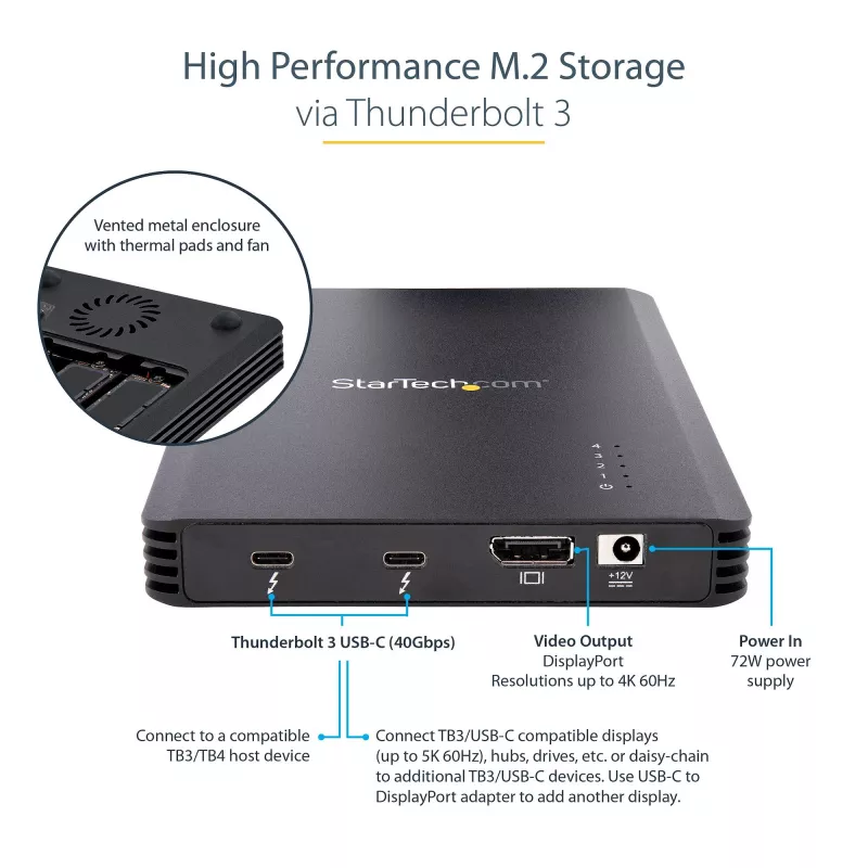 StarTech.com Case Thunderbolt 3 NVMe a 4 bay, per unità SSD M.2 NVMe, 1x DisplayPort video/ 2x porte TB3 downstream, 40 Gbit/s, alimentatore 72W, case per disco rigido esterno