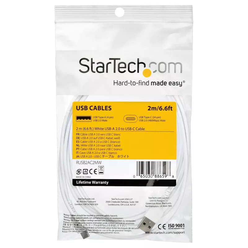 StarTech.com Cavo di ricarica USB-A a USB-C da 2 m – Cavo dati USB 2.0 a USB Type-C robusto per ricarica rapida e sincronizzazione – Guaina in TPE resistente fibra aramidica M/M 3A Bianco – Samsung S10, iPad Pro, Pixel
