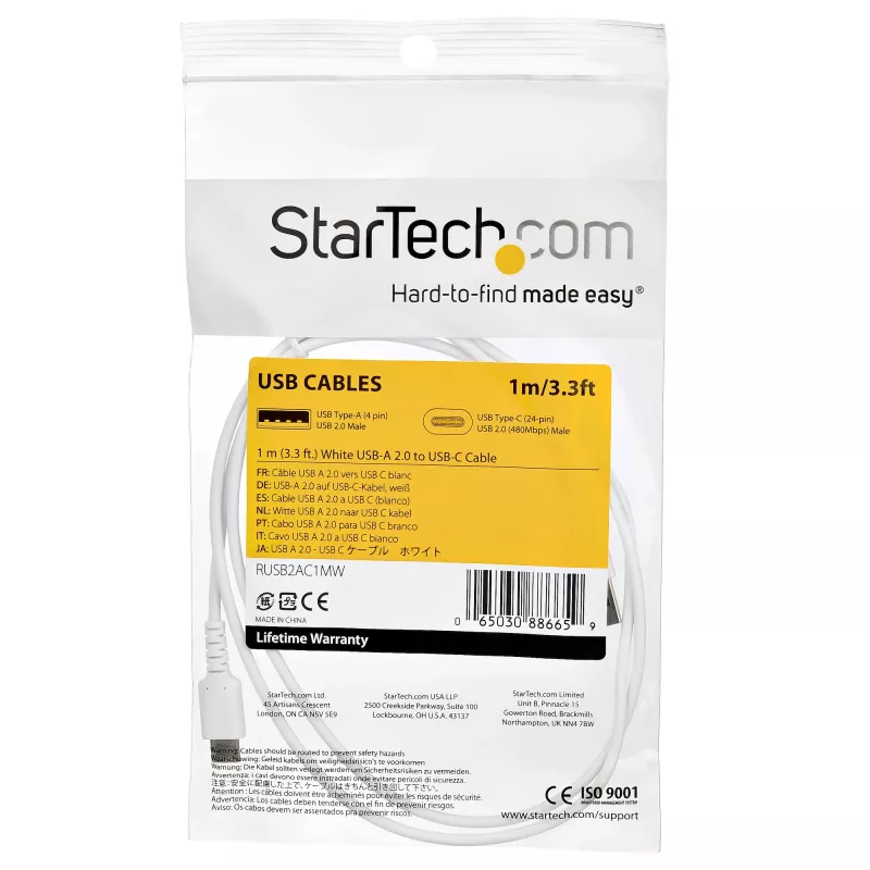 StarTech.com Cavo di ricarica USB-A a USB-C da 1 m – Cavo robusto per ricarica rapida e sincronizzazione USB 2.0 a USB Type-C – Guaina in TPE resistente con fibra aramidica M/M 3A Bianco – Samsung S10, iPad Pro, Pixel