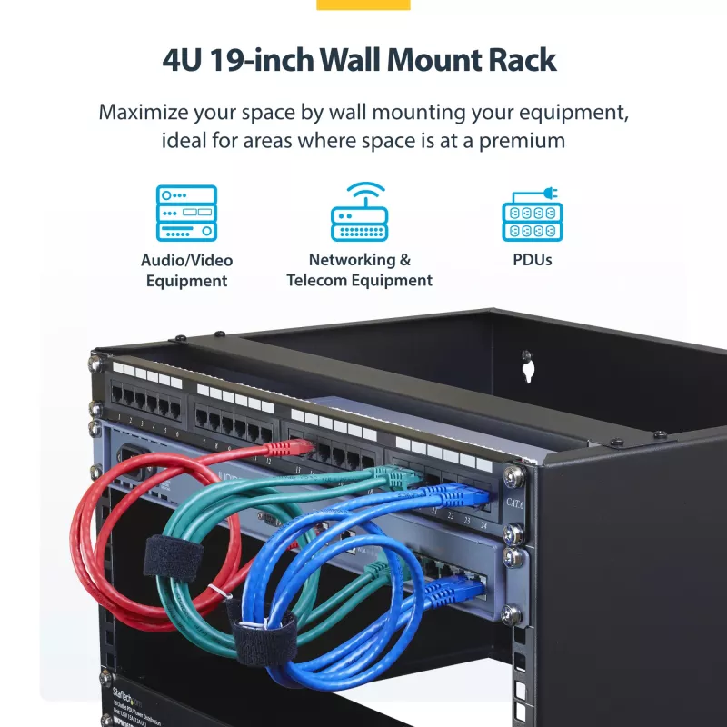 StarTech.com rack di rete a parete 4U - profondo 14 pollici (profilo piatto) - supporto per pannello patch 19 pollici per server piatti e apparecchiature IT, switch di rete - portata 20 kg, nero