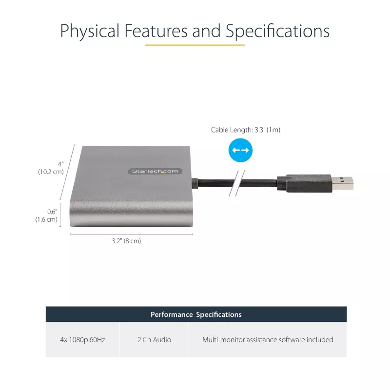 StarTech.com adattatore USB 3.0 a quad HDMI, convertitore USB a 4x monitor HDMI per Windows (nessun supporto per macOS/ChromeOS/Linux) - TAA