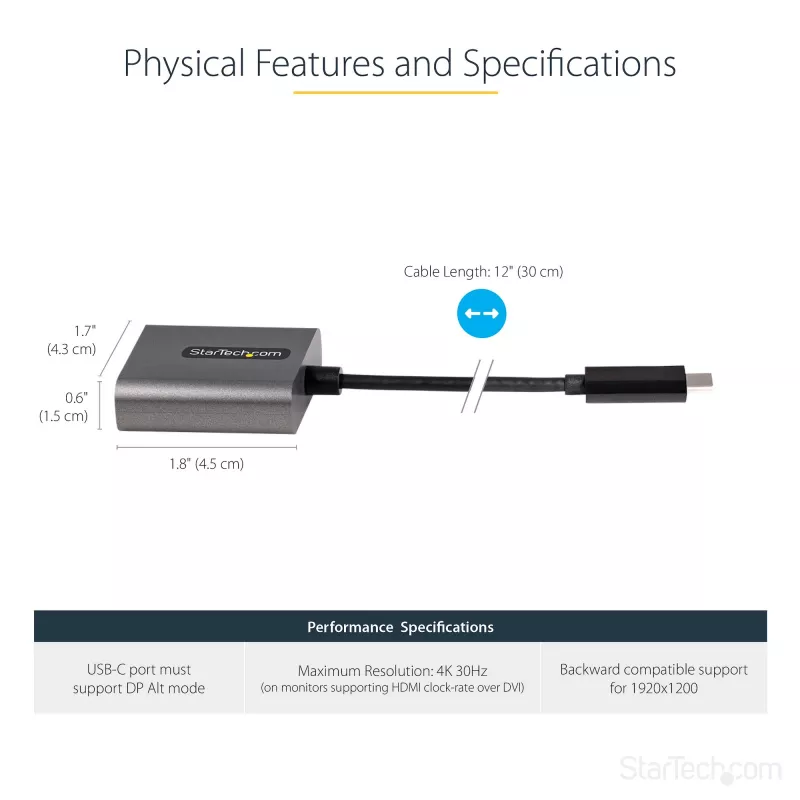 StarTech.com adattatore USB-C a DVI - adattatore dongle USB-C a DVI-D 1920x1200p - USB Type-C a display/monitor DVI - convertitore video - compatibile Thunderbolt 3 - cavo fisso da 12 pollici - versione aggiornata di CDP2DVI