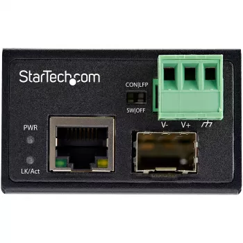 StarTech.com convertitore di media industriale da fibra ottica a Ethernet - 100 Mbit/s SFP a RJ45/Cat6 - fibra ottica Singlemode/Multimode a rete in rame - 12-56 V DC - IP-30 / -40 a +75 °C