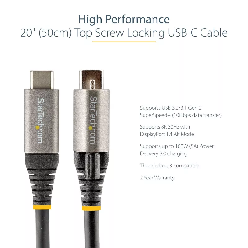 StarTech.com Cavo USB-C con blocco a vite superiore da 50 cm 10 Gbit/s – cavo USB 3.1/3.2 Gen 2 Type-C – ricarica Power Delivery 100 W (5 A), DP Alt Mode – singolo blocco a vite, cavo USB-C ricarica/sincronizzazione