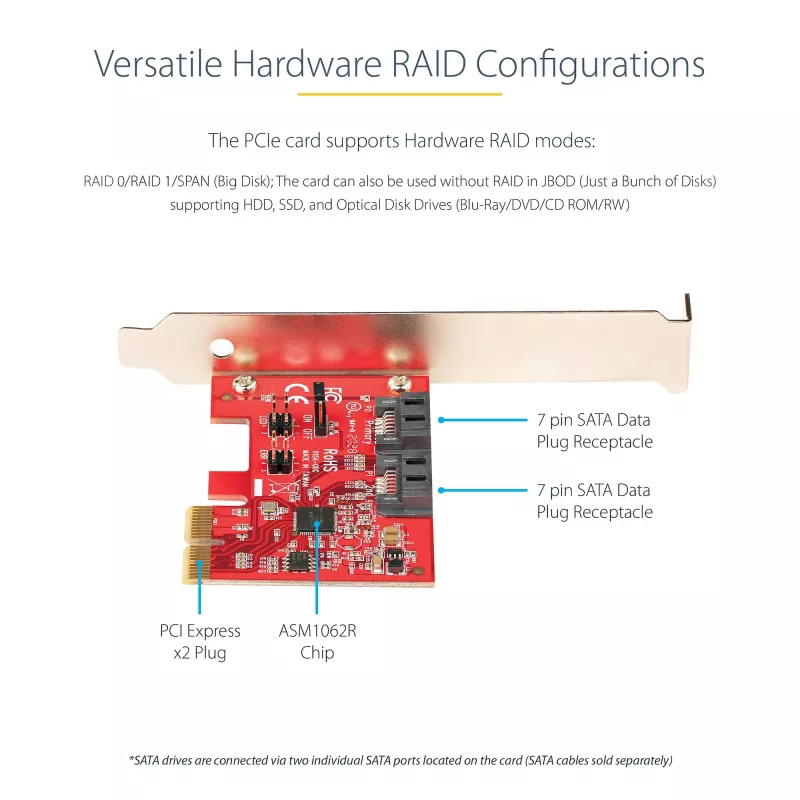 StarTech.com Scheda SATA PCIe - scheda di espansione PCIe SATA a 2 porte - 6Gbps - full/low profile - adattatore/controller da PCI Express a SATA - ASM1062R SATA RAID - convertitore da PCIe a SATA