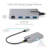 StarTech.com Hub USB a 3 porte con Ethernet - 3 porte USB-A - Gigabit Ethernet (RJ-45) - USB 3.0 5Gbit/s - bus-powered - cavo da 30 cm - adattatore hub USB portatile per laptop con GbE