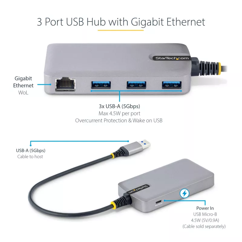 StarTech.com Hub USB a 3 porte con Ethernet - 3 porte USB-A - Gigabit Ethernet (RJ-45) - USB 3.0 5Gbit/s - bus-powered - cavo da 30 cm - adattatore hub USB portatile per laptop con GbE