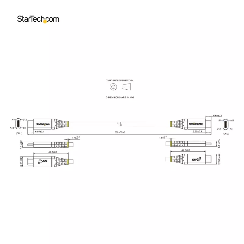 StarTech.com Cavo USB-C da 20 pollici (50 cm) 10 Gbit/s – cavo USB 3.1 Type-C – ricarica Power Delivery 100 W (5 A), DP Alt Mode – cavo USB-C per laptop/telefono/dispositivo USB-C – ricarica/sincronizzazione