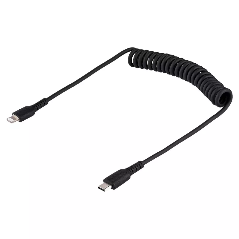 StarTech.com Cavo USB-C a Lightning da 1 m (3ft), certificato MFi, cavo di ricarica iPhone a spirale, nero, guaina TPE robusta in fibra aramidica, cavo Lightning a spirale resistente
