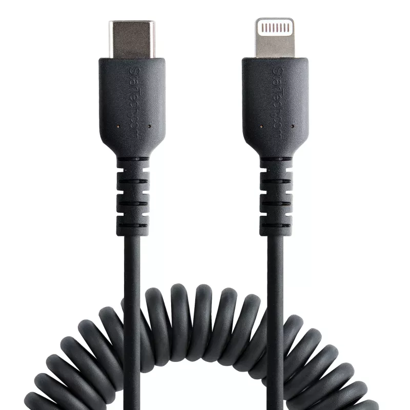 StarTech.com Cavo USB-C a Lightning da 1 m (3ft), certificato MFi, cavo di ricarica iPhone a spirale, nero, guaina TPE robusta in fibra aramidica, cavo Lightning a spirale resistente