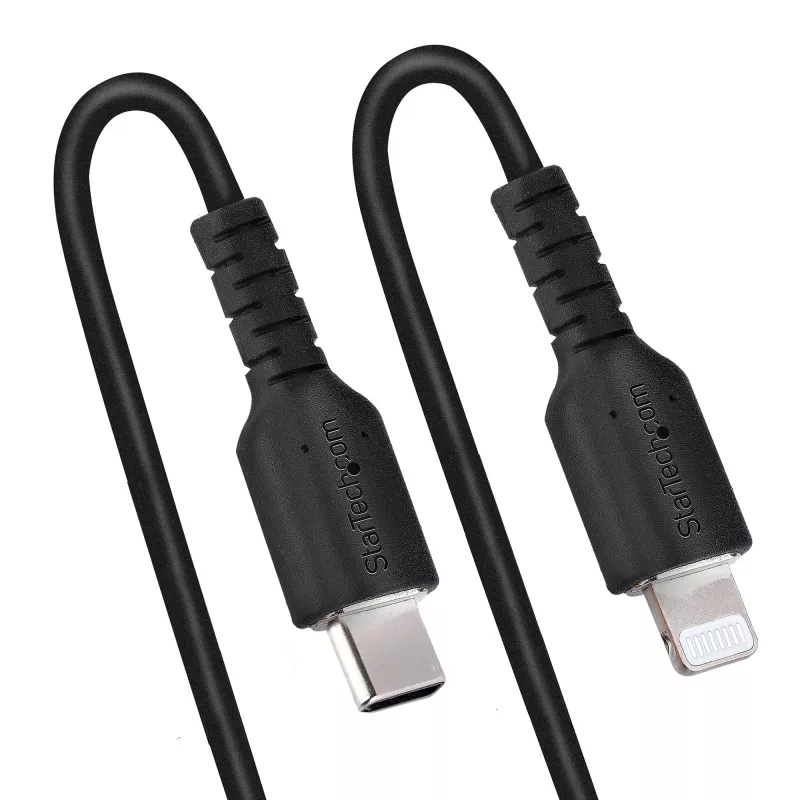 StarTech.com Cavo USB-C a Lightning da 1 m (3ft), certificato MFi, cavo di ricarica iPhone a spirale, nero, guaina TPE robusta in fibra aramidica, cavo Lightning a spirale resistente