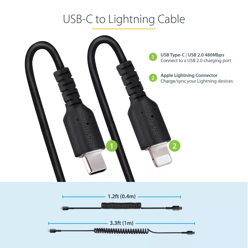 StarTech.com Cavo USB-C a Lightning da 1 m (3ft), certificato MFi, cavo di ricarica iPhone a spirale, nero, guaina TPE robusta in fibra aramidica, cavo Lightning a spirale resistente