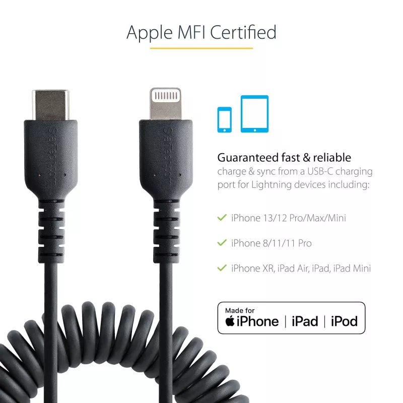 StarTech.com Cavo USB-C a Lightning da 1 m (3ft), certificato MFi, cavo di ricarica iPhone a spirale, nero, guaina TPE robusta in fibra aramidica, cavo Lightning a spirale resistente