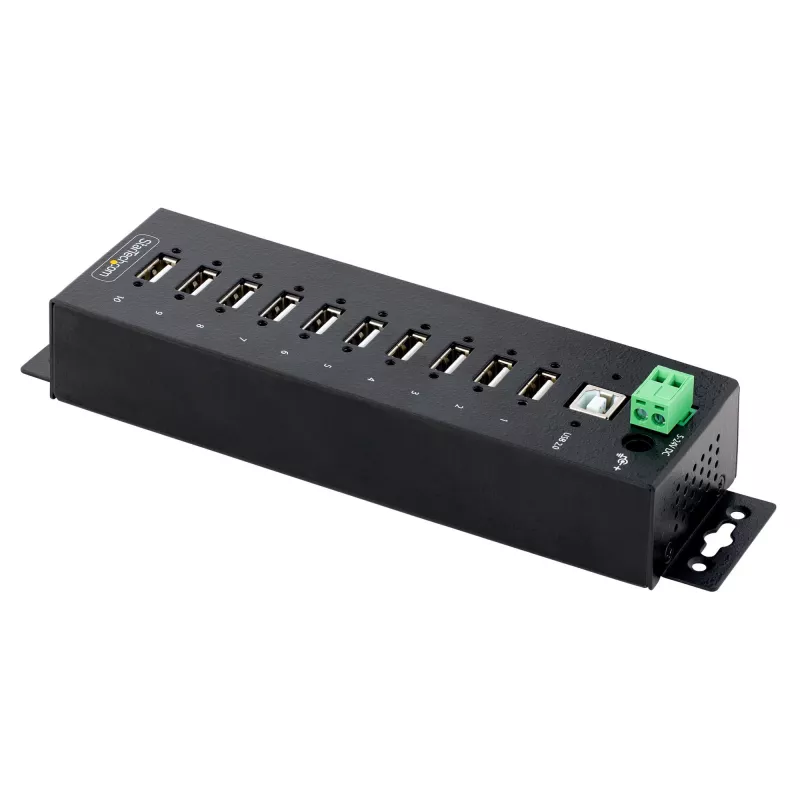 StarTech.com Hub USB 2.0 industriale a 10 porte, hub USB robusto con protezione ESD livello 4, montaggio DIN/a parete/da tavolo hub USB-A, espansione porte USB con connettori bloccabili, hub USB multiporta