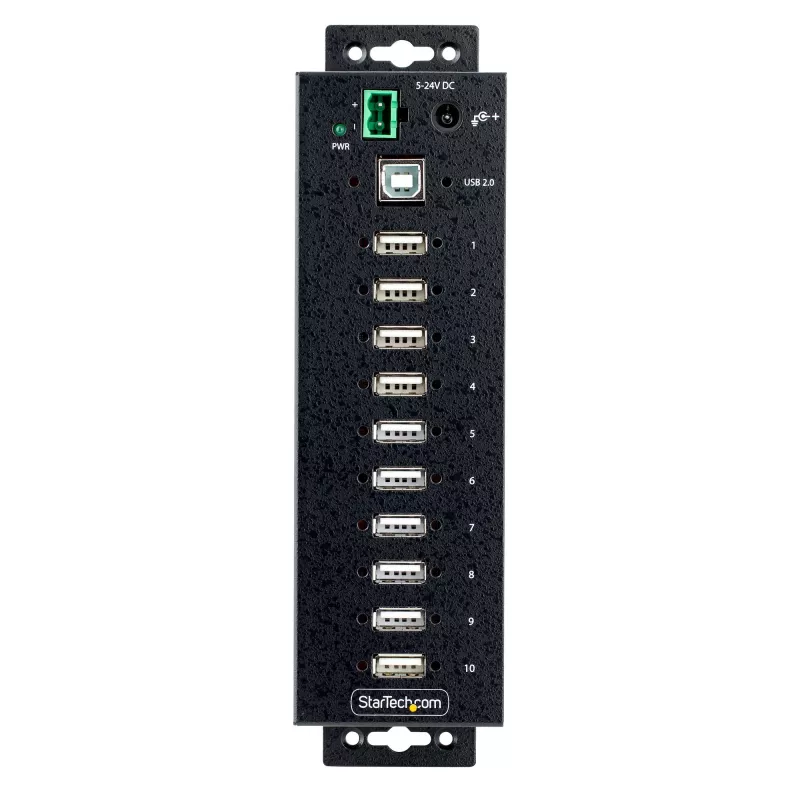StarTech.com Hub USB 2.0 industriale a 10 porte, hub USB robusto con protezione ESD livello 4, montaggio DIN/a parete/da tavolo hub USB-A, espansione porte USB con connettori bloccabili, hub USB multiporta