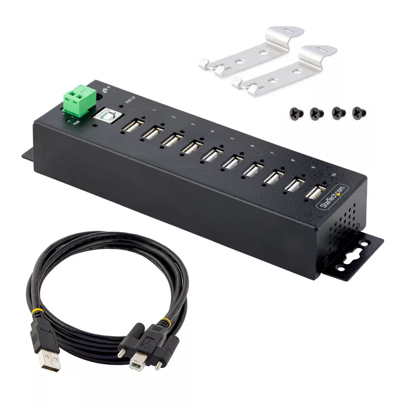 StarTech.com Hub USB 2.0 industriale a 10 porte, hub USB robusto con protezione ESD livello 4, montaggio DIN/a parete/da tavolo hub USB-A, espansione porte USB con connettori bloccabili, hub USB multiporta