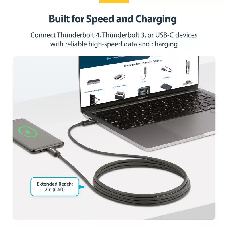 StarTech.com Cavo Thunderbolt 4 attivo da 2 m, 40 Gbit/s, Power Delivery 100W, video 4K/8K, cavo Thunderbolt certificato Intel – compatibile con USB4/Thunderbolt 4/USB 3.2/USB Type-C/DisplayPort/Thunderbolt 3