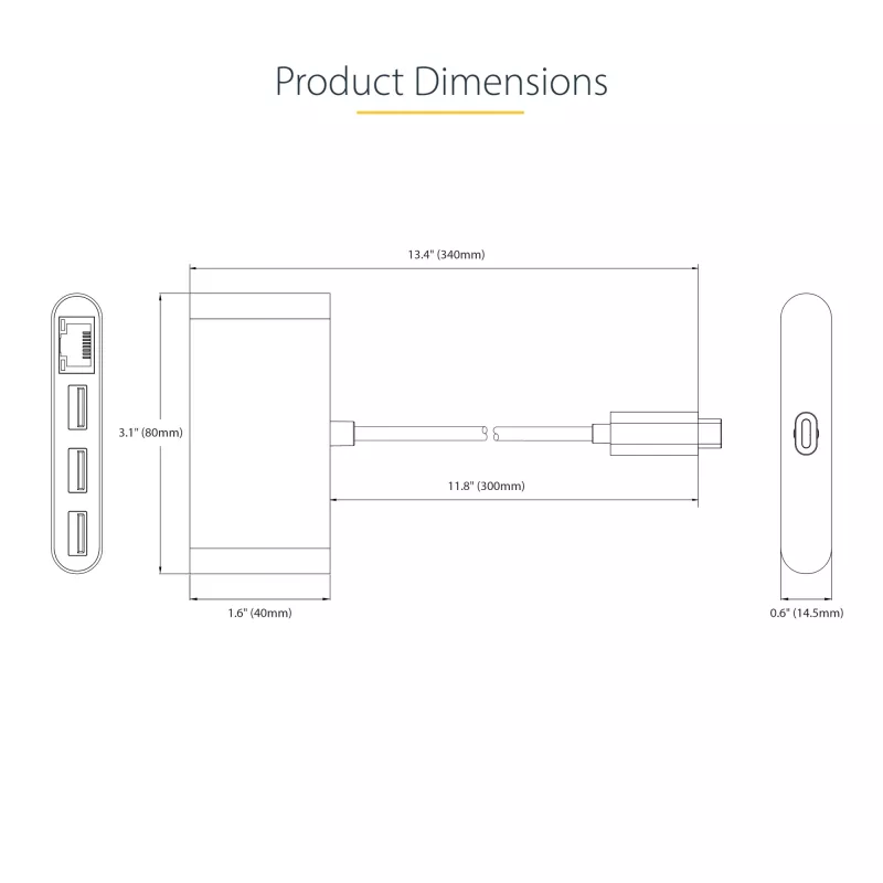 StarTech.com hub USB-C a 3 porte con Ethernet - 3x USB-A - Gigabit Ethernet - USB 3.0 5Gbps - bus powered - cavo host USB Type-C da 1ft/30cm - GbE - hub USB-C a USB-A portatile
