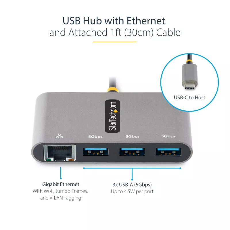 StarTech.com hub USB-C a 3 porte con Ethernet - 3x USB-A - Gigabit Ethernet - USB 3.0 5Gbps - bus powered - cavo host USB Type-C da 1ft/30cm - GbE - hub USB-C a USB-A portatile