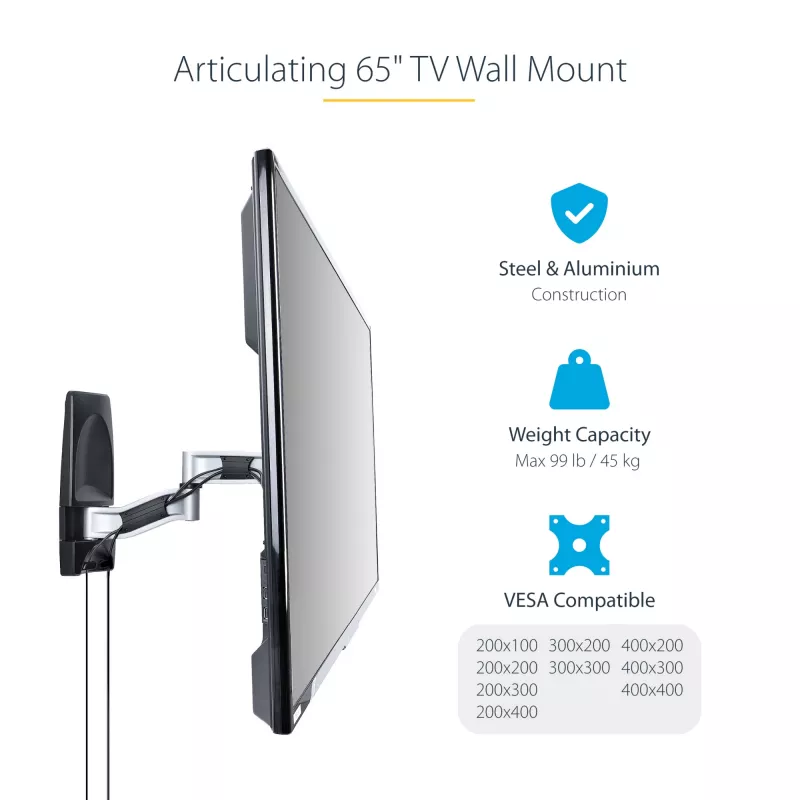 StarTech.com supporto TV da parete articolato, supporto da parete VESA, supporta TV da 26 a 65 pollici/99 lb/piatte/curve, supporto TV da parete piatto estraibile, supporto TV da parete ad angolo regolabile