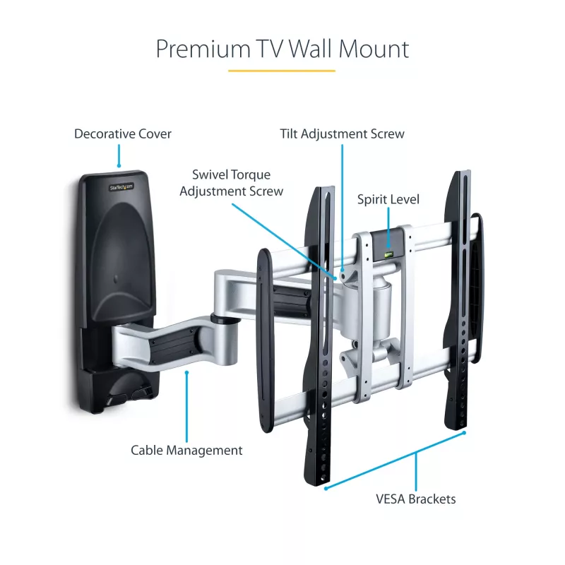 StarTech.com supporto TV da parete articolato, supporto da parete VESA, supporta TV da 26 a 65 pollici/99 lb/piatte/curve, supporto TV da parete piatto estraibile, supporto TV da parete ad angolo regolabile