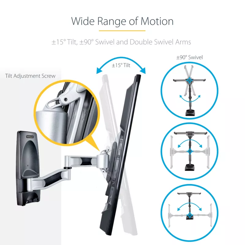 StarTech.com supporto TV da parete articolato, supporto da parete VESA, supporta TV da 26 a 65 pollici/99 lb/piatte/curve, supporto TV da parete piatto estraibile, supporto TV da parete ad angolo regolabile