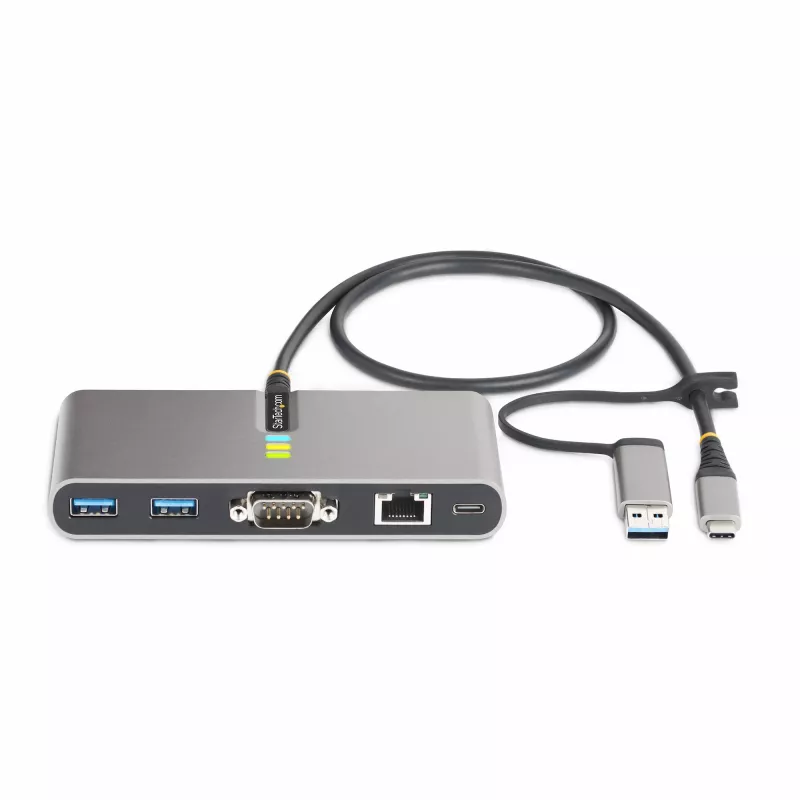 StarTech.com hub USB-C a 2 porte con Ethernet e RS-232, dongle USB-C a USB-A collegato, pass-through 100 W PD, 2x USB-A 5 Gbit/s, Gigabit Ethernet, RS232 seriale (FTDI)