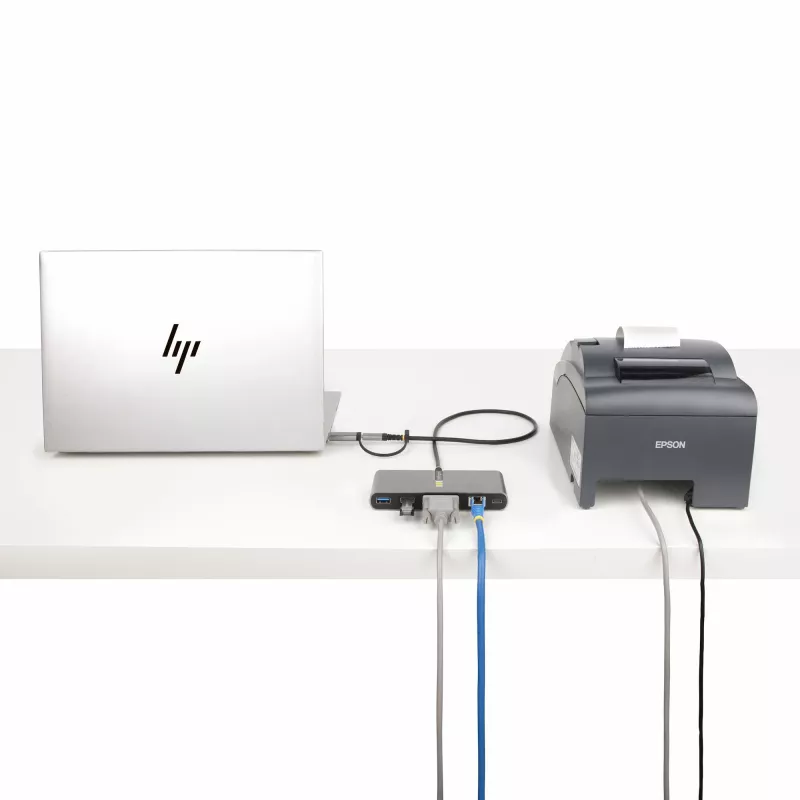 StarTech.com hub USB-C a 2 porte con Ethernet e RS-232, dongle USB-C a USB-A collegato, pass-through 100 W PD, 2x USB-A 5 Gbit/s, Gigabit Ethernet, RS232 seriale (FTDI)