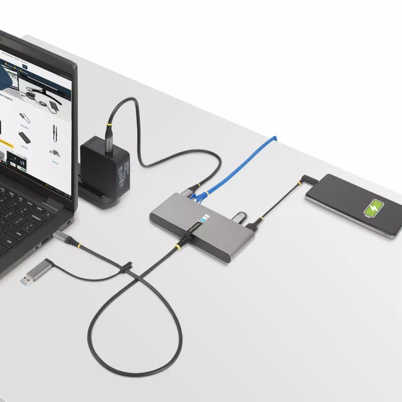 StarTech.com hub USB-C a 2 porte con Ethernet e RS-232, dongle USB-C a USB-A collegato, pass-through 100 W PD, 2x USB-A 5 Gbit/s, Gigabit Ethernet, RS232 seriale (FTDI)
