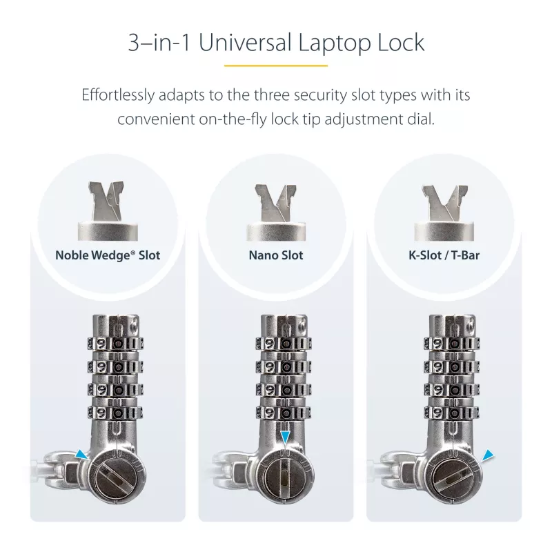 StarTech.com cavo di sicurezza universale per laptop da 2 m, cavo di sicurezza per notebook compatibile con Noble Wedge®/Nano/K-Slot; cavo con lucchetto a combinazione senza chiave, cavo in acciaio antifurto resistente al taglio