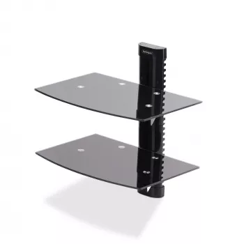 StarTech.com mensole da parete flottanti doppie per dispositivi AV, mensola regolabile in altezza per sotto il televisore, organizzazione di dispositivi A/V su ripiani in vetro temperato nero