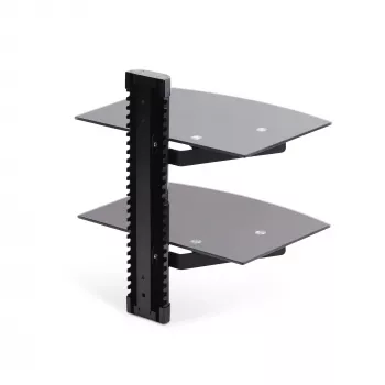 StarTech.com mensole da parete flottanti doppie per dispositivi AV, mensola regolabile in altezza per sotto il televisore, organizzazione di dispositivi A/V su ripiani in vetro temperato nero
