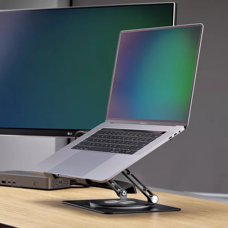 StarTech.com Supporto girevole per laptop, orientabile a 360°, rialzo ergonomico da scrivania per computer, ripiano rialzato con inclinazione regolabile, max 5 kg, struttura in alluminio, design portatile