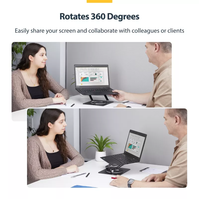 StarTech.com Supporto girevole per laptop, orientabile a 360°, rialzo ergonomico da scrivania per computer, ripiano rialzato con inclinazione regolabile, max 5 kg, struttura in alluminio, design portatile