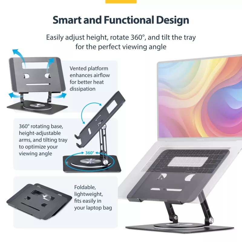 StarTech.com Supporto girevole per laptop, orientabile a 360°, rialzo ergonomico da scrivania per computer, ripiano rialzato con inclinazione regolabile, max 5 kg, struttura in alluminio, design portatile