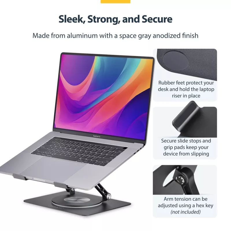 StarTech.com Supporto girevole per laptop, orientabile a 360°, rialzo ergonomico da scrivania per computer, ripiano rialzato con inclinazione regolabile, max 5 kg, struttura in alluminio, design portatile