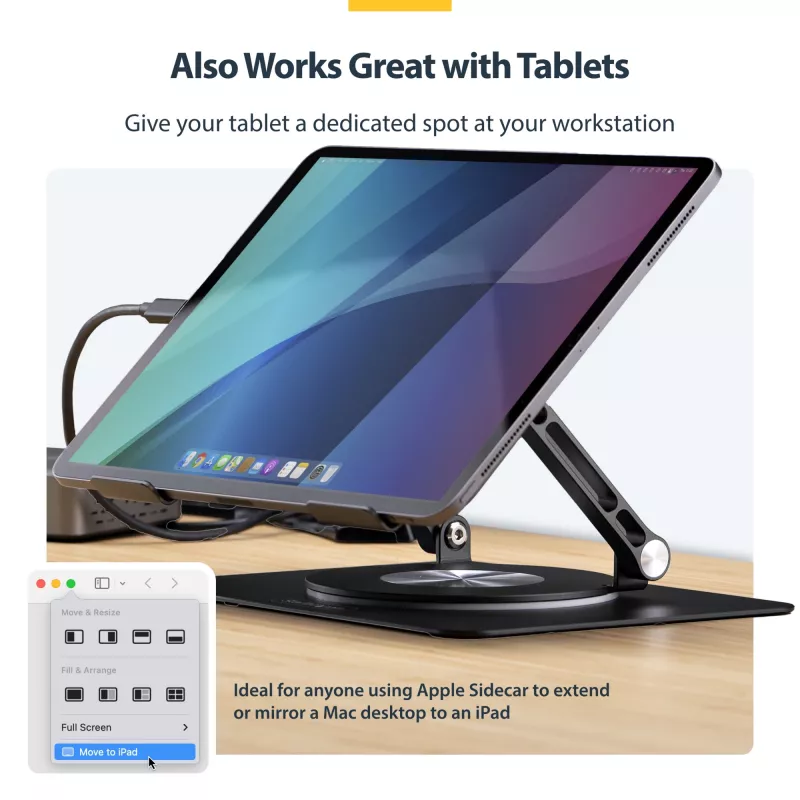 StarTech.com Supporto girevole per laptop, orientabile a 360°, rialzo ergonomico da scrivania per computer, ripiano rialzato con inclinazione regolabile, max 5 kg, struttura in alluminio, design portatile