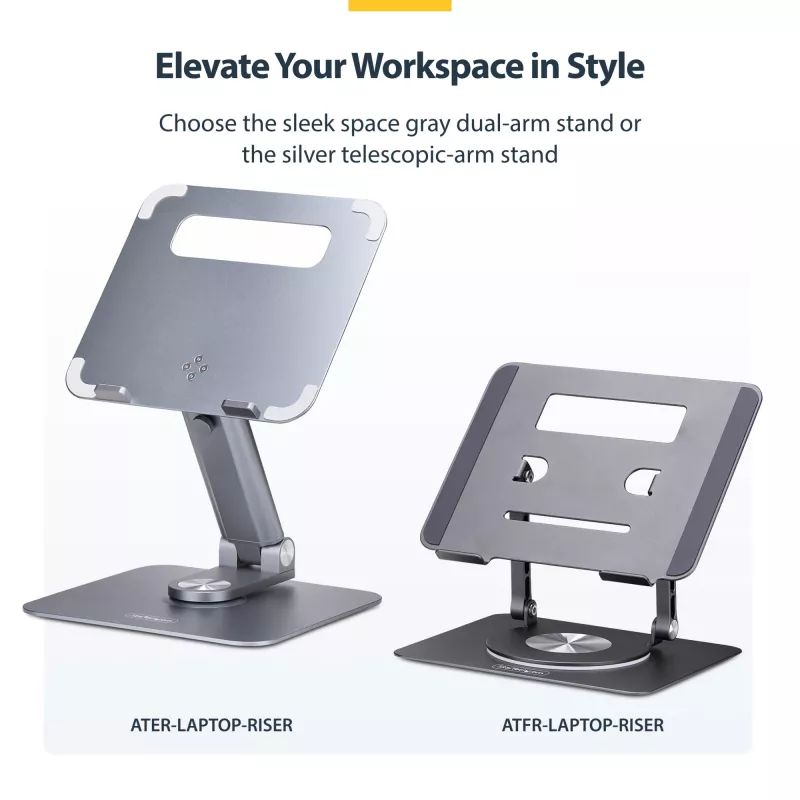 StarTech.com Supporto girevole per laptop, orientabile a 360°, rialzo ergonomico da scrivania per computer, ripiano rialzato con inclinazione regolabile, max 5 kg, struttura in alluminio, design portatile
