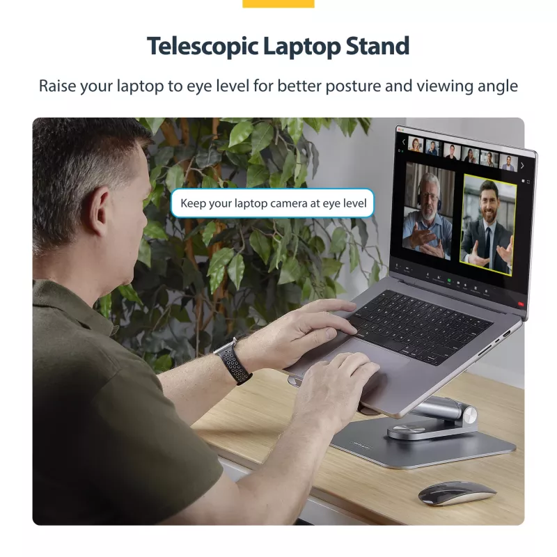 StarTech.com Supporto telescopico per laptop, base girevole a 360°, rialzo girevole per computer da scrivania, altezza e inclinazione regolabili, max 5 kg, finitura in alluminio, design portatile