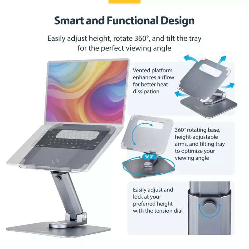 StarTech.com Supporto telescopico per laptop, base girevole a 360°, rialzo girevole per computer da scrivania, altezza e inclinazione regolabili, max 5 kg, finitura in alluminio, design portatile