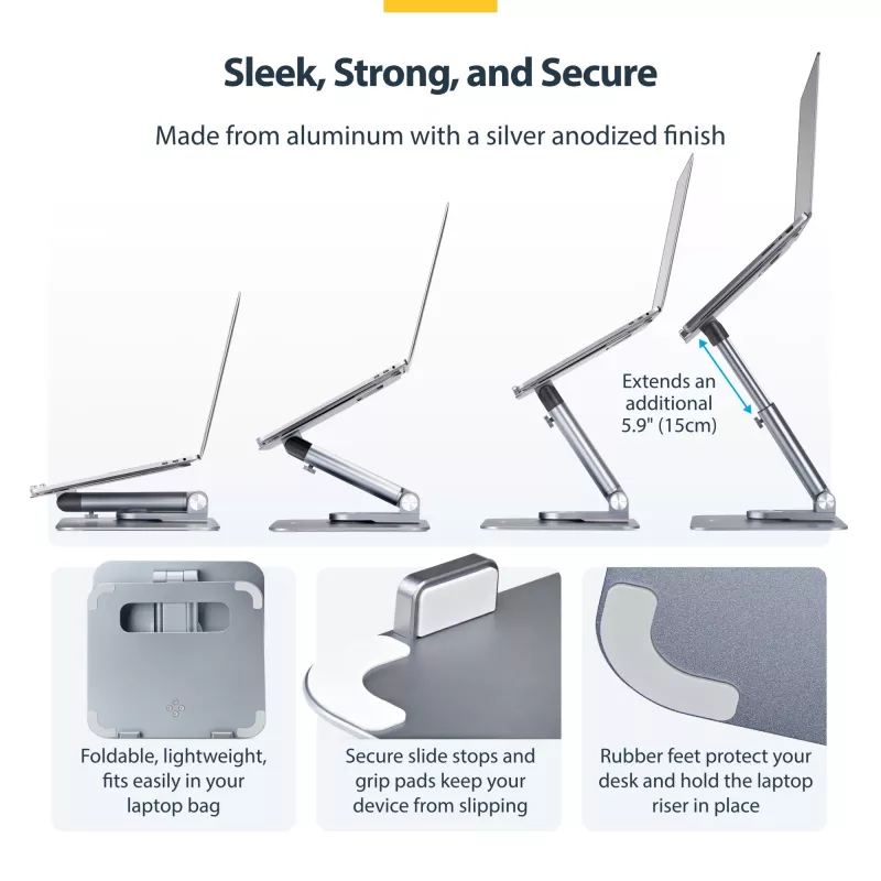 StarTech.com Supporto telescopico per laptop, base girevole a 360°, rialzo girevole per computer da scrivania, altezza e inclinazione regolabili, max 5 kg, finitura in alluminio, design portatile