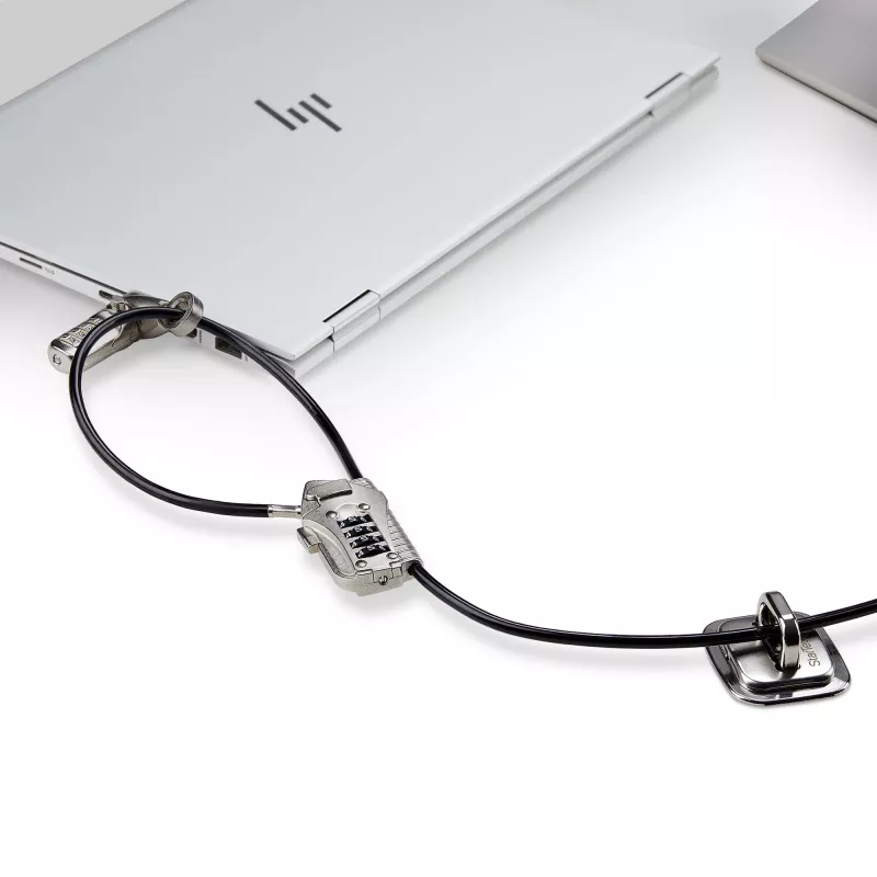 StarTech.com Kit di sicurezza con lucchetto per laptop/desktop e periferiche, lucchetto antifurto, slot K, cavo in acciaio da 9,8 piedi (3 m), 3 dispositivi, codice a 4 cifre personalizzabile – TAA