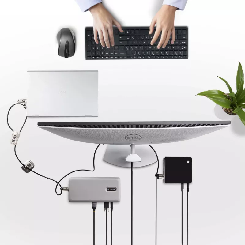 StarTech.com Kit di sicurezza con lucchetto per laptop/desktop e periferiche, lucchetto antifurto, slot K, cavo in acciaio da 9,8 piedi (3 m), 3 dispositivi, codice a 4 cifre personalizzabile – TAA